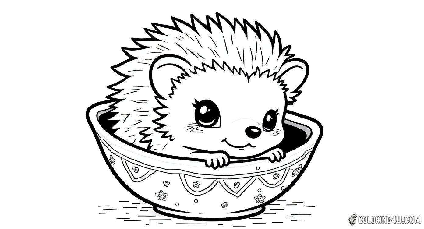 Here is a charming coloring page of a cute hedgehog peeking out of a beautifully decorated bowl. The hedgehog’s big sparkling eyes and sweet smile invite kids to color the bowl’s intricate patterns and the hedgehog’s soft spikes.