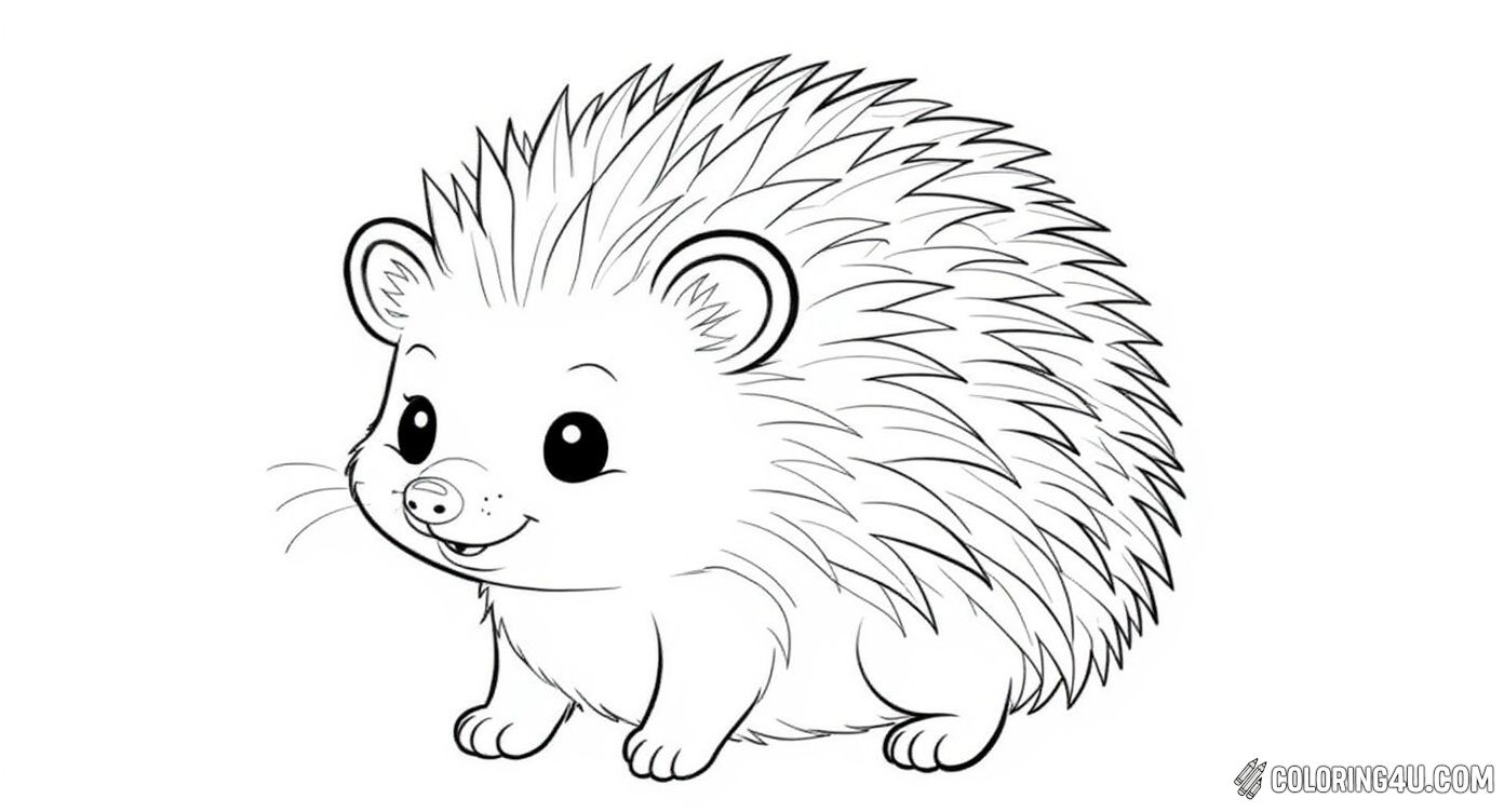 This coloring page features an adorable, smiling hedgehog standing upright. Its big eyes and cheerful expression make it perfect for young kids to color and bring to life with their favorite colors.