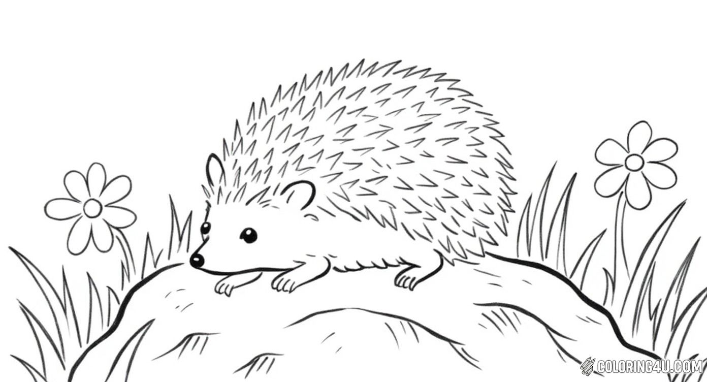 This delightful coloring page shows a hedgehog resting on a rock surrounded by flowers and grass. It’s a peaceful nature scene that encourages children to use a variety of colors to create a lively outdoor setting.