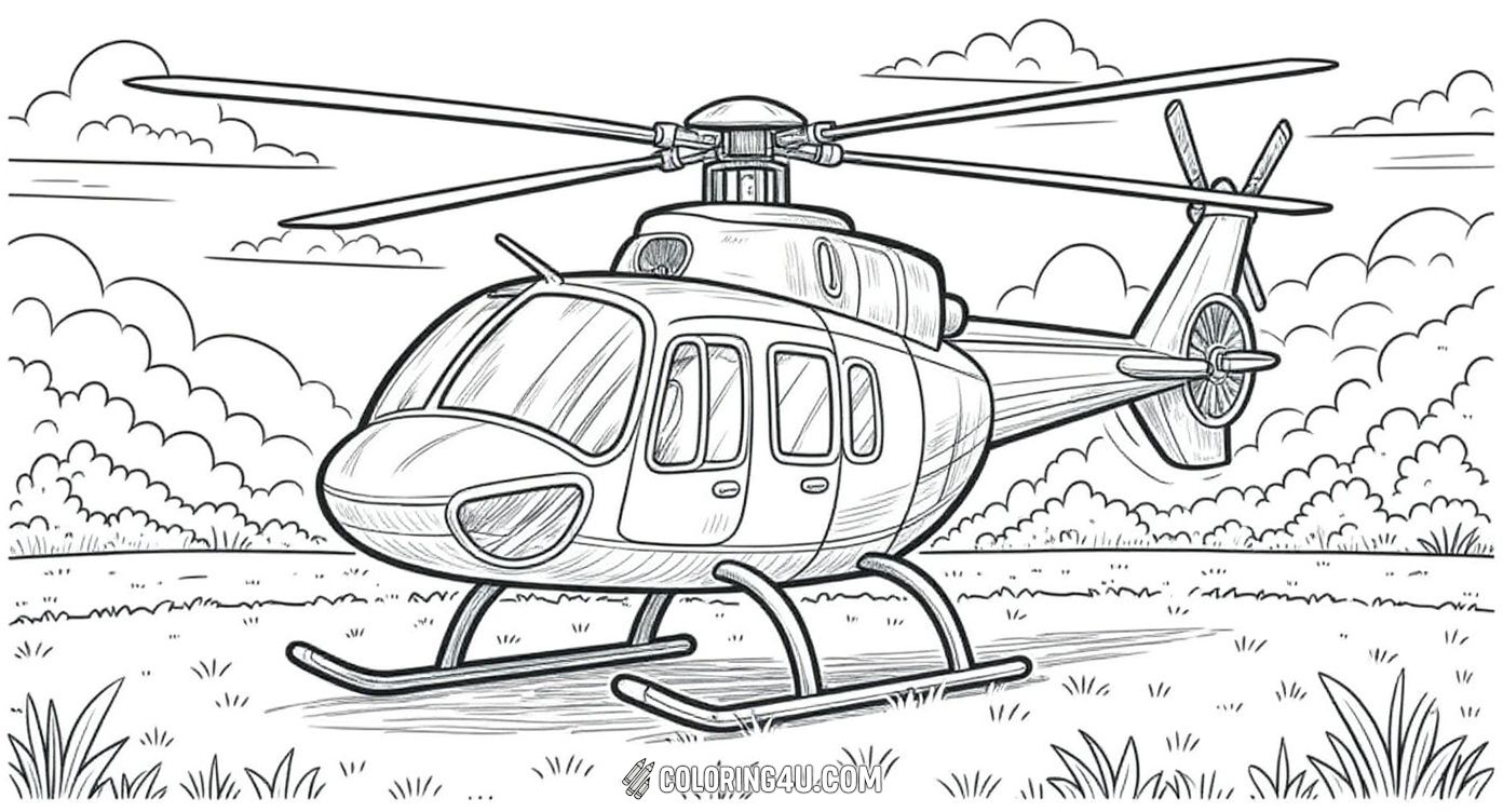 Get ready to color this detailed helicopter landing gracefully in a field under a sky full of clouds. This fun and realistic coloring page invites kids to explore the different parts of a helicopter while adding their own vibrant colors to the scene.