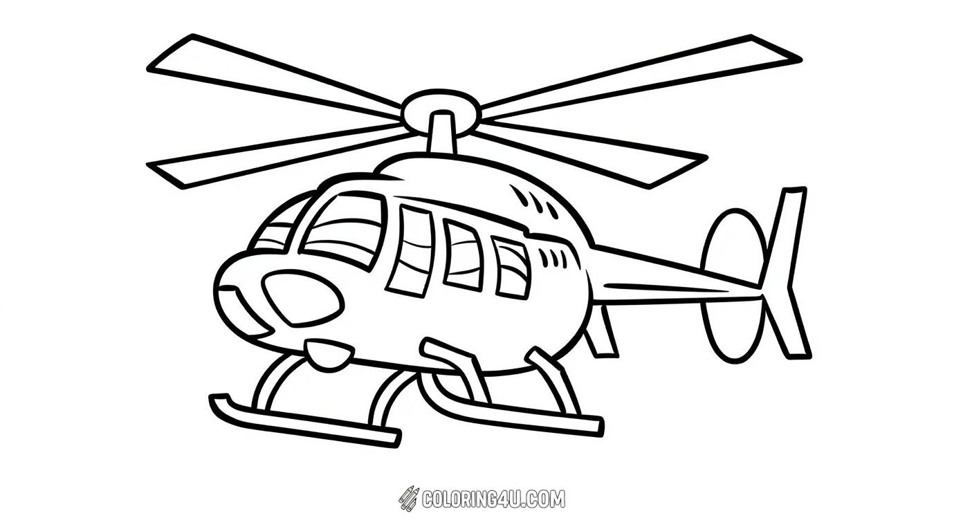 This simple and charming helicopter coloring page is perfect for kids who enjoy cute and straightforward designs. The playful helicopter is flying high, inviting little artists to fill in the big windows and spinning blades with bright, dazzling colors.