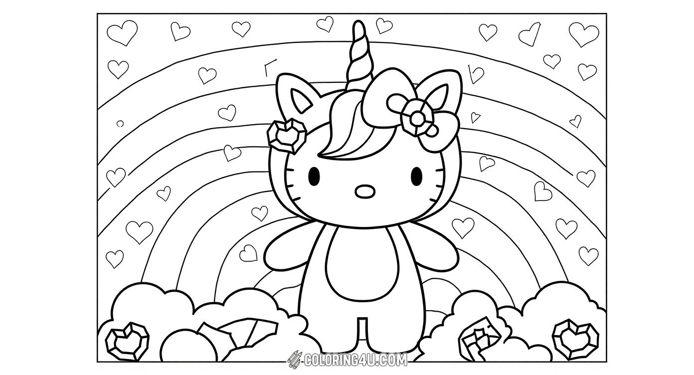 Transform Hello Kitty into a magical unicorn in this enchanting coloring page filled with rainbows and hearts. It's a fantastic opportunity for kids to unleash their creativity and bring this adorable fantasy character to life!