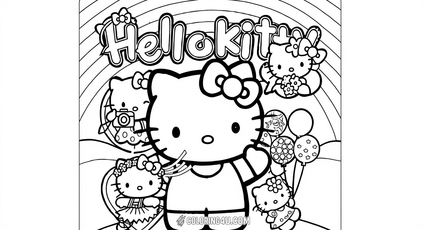 Color this delightful Hello Kitty scene featuring Hello Kitty and her friends celebrating with balloons and flowers under a rainbow. Kids will love adding bright and cheerful colors to this playful and friendly gathering.