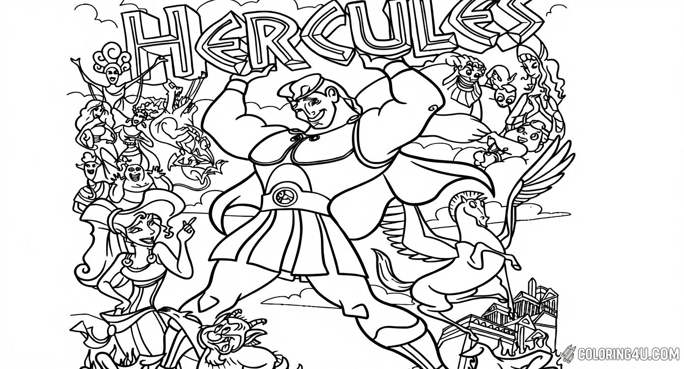 Explore the exciting world of Disney's Hercules with this lively coloring page! Hercules strikes a strong pose surrounded by his friends, mythical creatures like Pegasus, and various gods. Perfect for kids who love heroic adventures and magical tales.