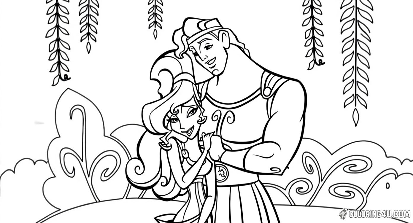 Bring to life this sweet moment between Hercules and Megara from Disney's Hercules movie. They stand close together with smiles, surrounded by flowing vines, making it a perfect coloring page for kids who enjoy heroic adventures and tender friendships.