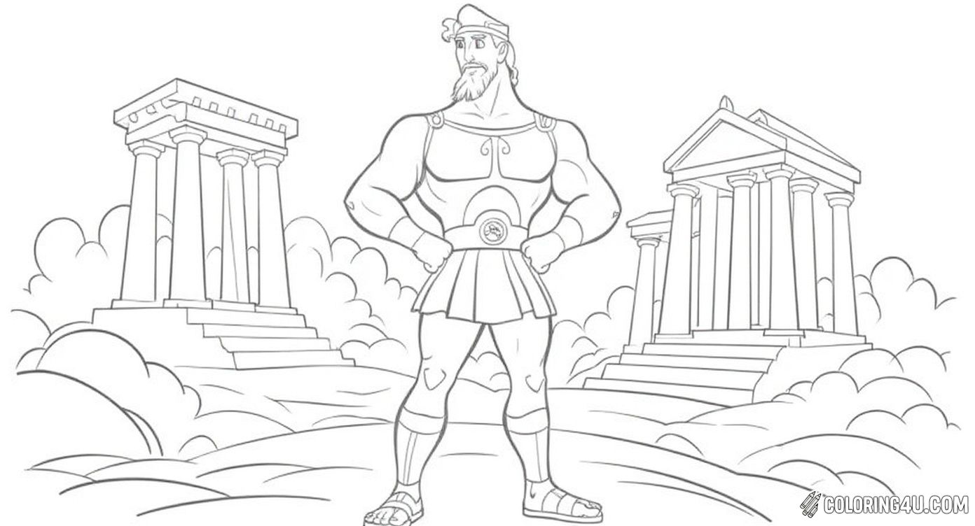 Color this impressive image of Hercules standing confidently with hands on his hips, set against a backdrop of ancient Greek temples and swirling clouds. Kids will love imagining the strength and bravery of this legendary hero as they add their colors!