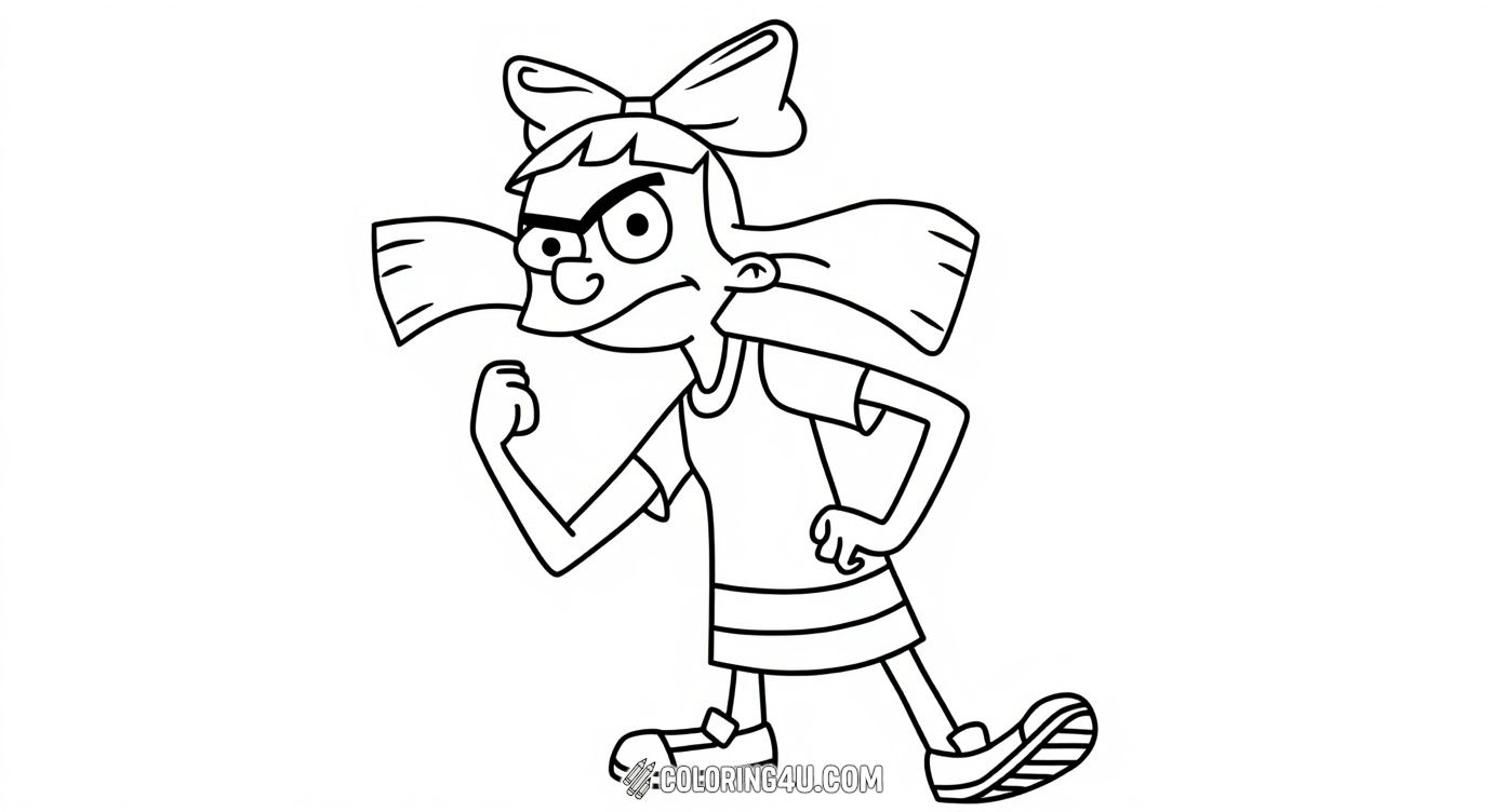 Get ready to color Helga Pataki from the Hey Arnold series looking fierce and determined with her classic bow and clenched fist pose. This dynamic coloring page invites kids to express Helga’s strong personality with bright and bold colors.