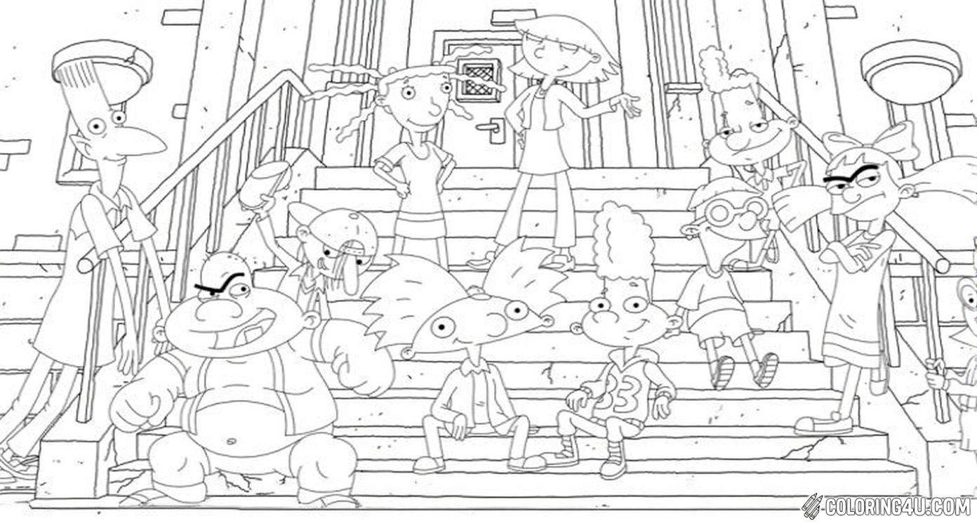 Join all your favorite Hey Arnold! characters in this delightful coloring page as they gather on the iconic staircase. From Arnold himself to his friends and classmates, this scene is packed with personality and charm, inviting kids to bring the whole gang to colorful life with their creativity!