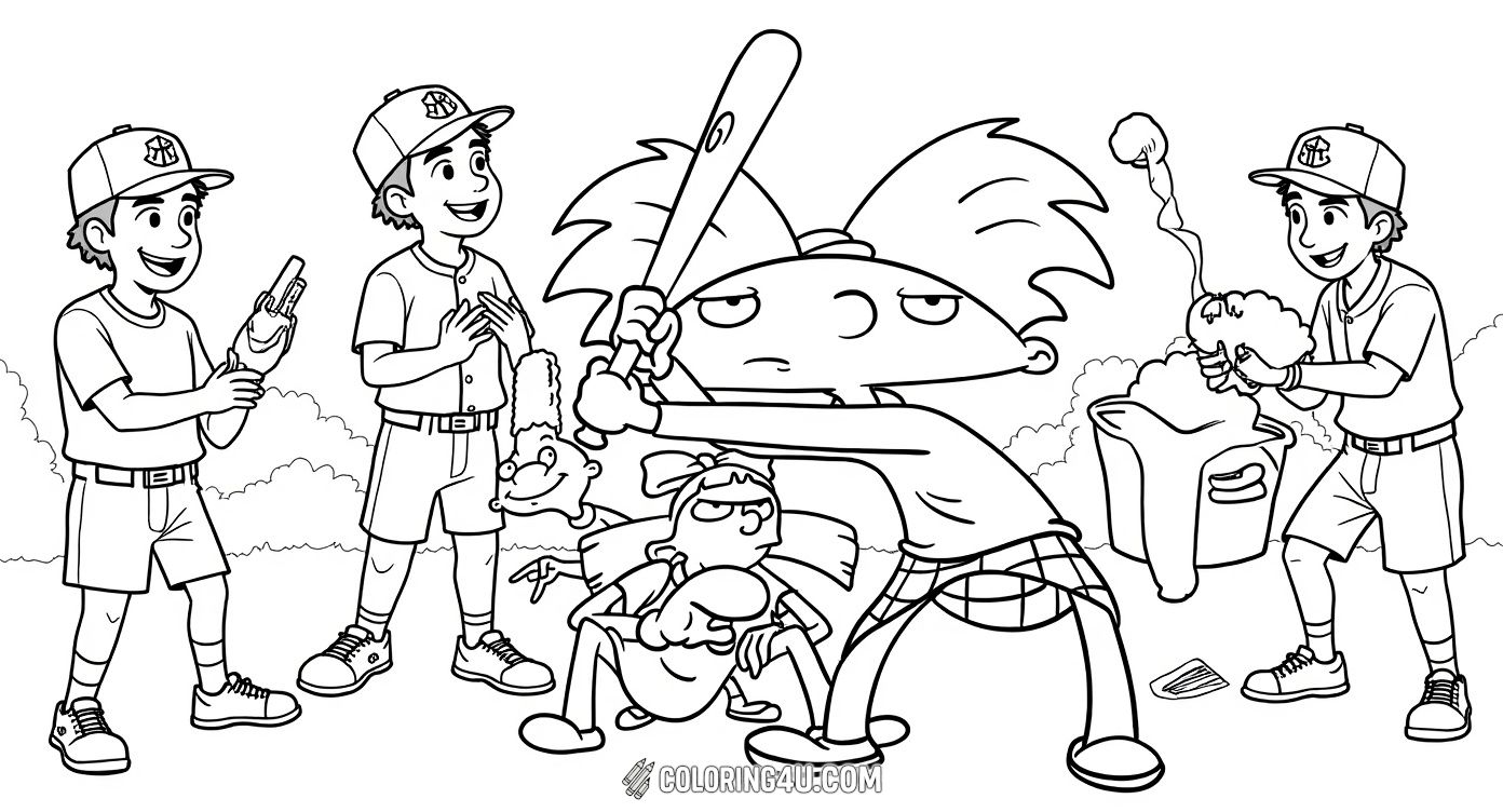 This fun coloring page features Arnold from the popular cartoon Hey Arnold, ready to swing his baseball bat in the middle of the street as his friends cheer him on. Kids can enjoy bringing this lively playground moment to life with their favorite colors!