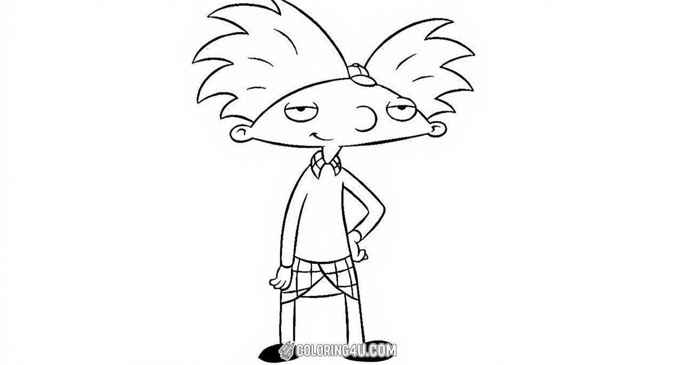 Color Arnold from the beloved Hey Arnold cartoon as he stands with a confident smile, showing off his signature football-shaped head and plaid shirt. This simple yet charming image is perfect for kids to practice their coloring skills and bring Arnold's character to life.