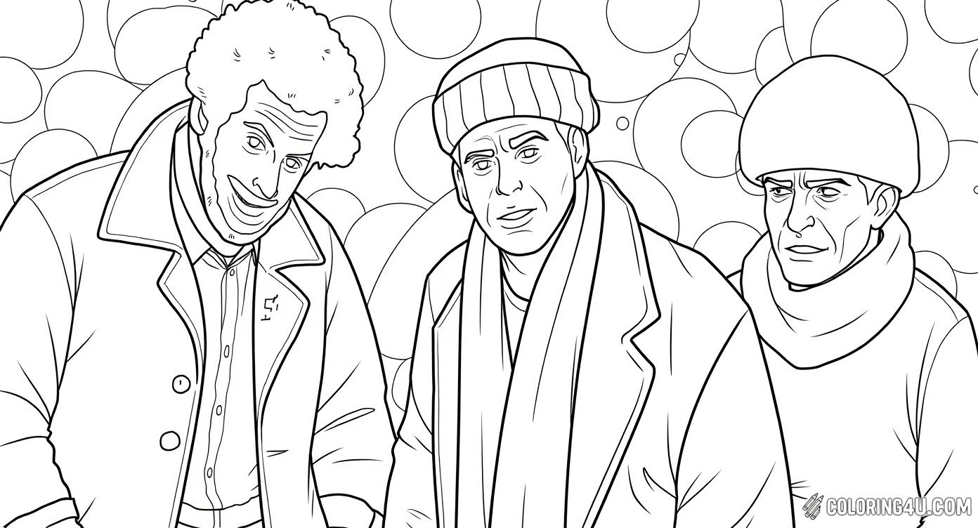 Join the hilarious burglars from Home Alone in this cool coloring page! Standing close together in their winter coats and hats, these mischievous characters are ready to be colored with your favorite shades. This page invites kids to have fun with warm color tones while imagining the silly plans of these goofy criminals.