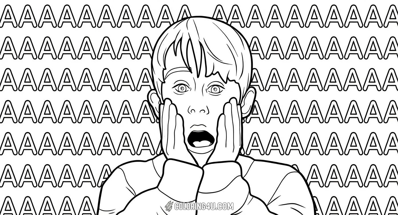 Jump into the classic moment from Home Alone with this engaging coloring page of Kevin's famous surprised expression! Kids can have fun adding colors to his surprised face and the repeating 'AAAA' background that captures the humor and excitement of the movie.