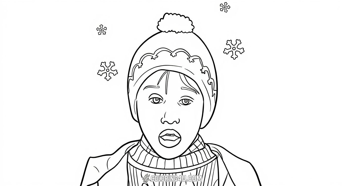 Bring this charming image of Kevin from Home Alone to life by coloring his cozy winter hat and warm clothes. With snowflakes falling gently around him, this page invites kids to add vibrant colors and imagine the chilly winter day Kevin is facing on his own.