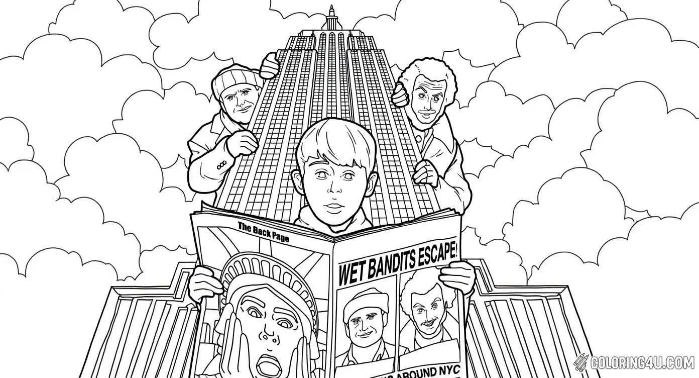 Color this engaging scene featuring the clever kid from Home Alone reading a newspaper with the headline 'Wet Bandits Escape!' Behind him, the two sneaky bandits peek from behind a tall city building. Kids will love adding vibrant colors to this playful and dramatic moment from the famous holiday movie.