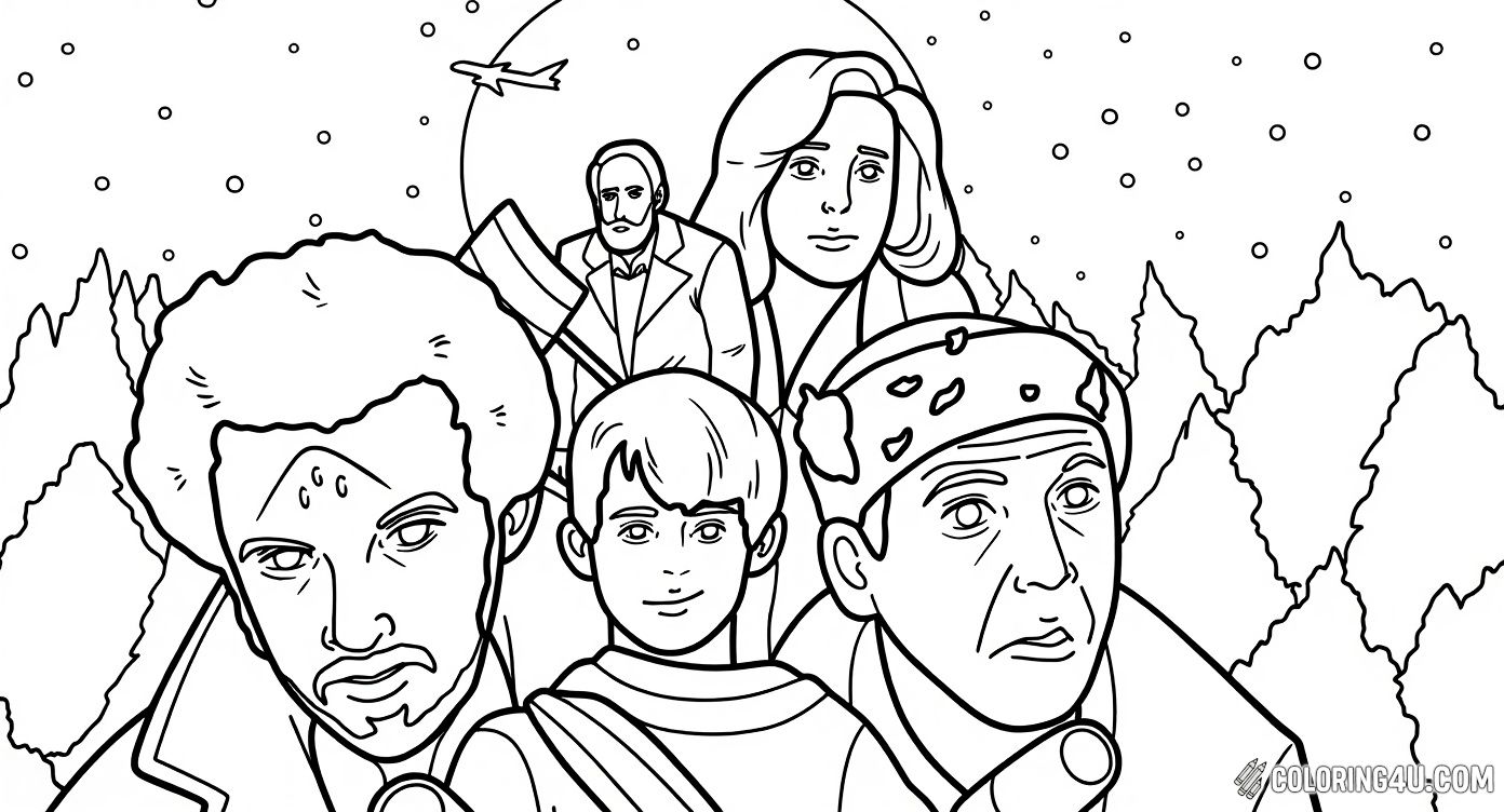 Dive into a fun coloring adventure with this exciting collage featuring characters from the classic movie Home Alone! Kids can color the clever young boy, the funny burglars, and the snowy night scene with a bright moon and airplane flying high. Let your creativity flow as you bring this iconic story to life!