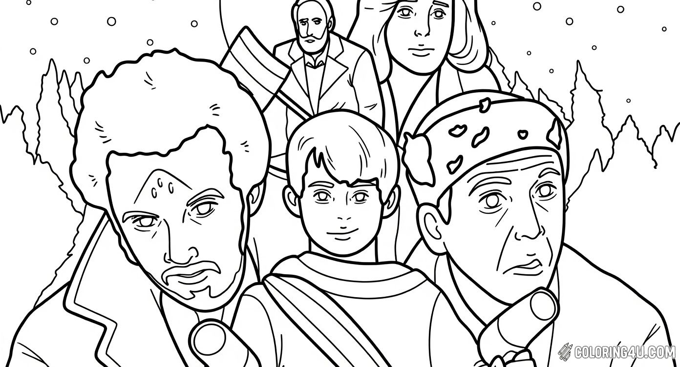 Dive into the fun with this exciting coloring page featuring the main characters from the classic movie Home Alone! Kids can color Kevin McCallister bravely facing off with the mischievous Wet Bandits, Harry and Marv, while other iconic characters from the film appear in the background. This image captures the playful and daring spirit of the movie, inviting children to bring the adventure to life with their favorite colors.