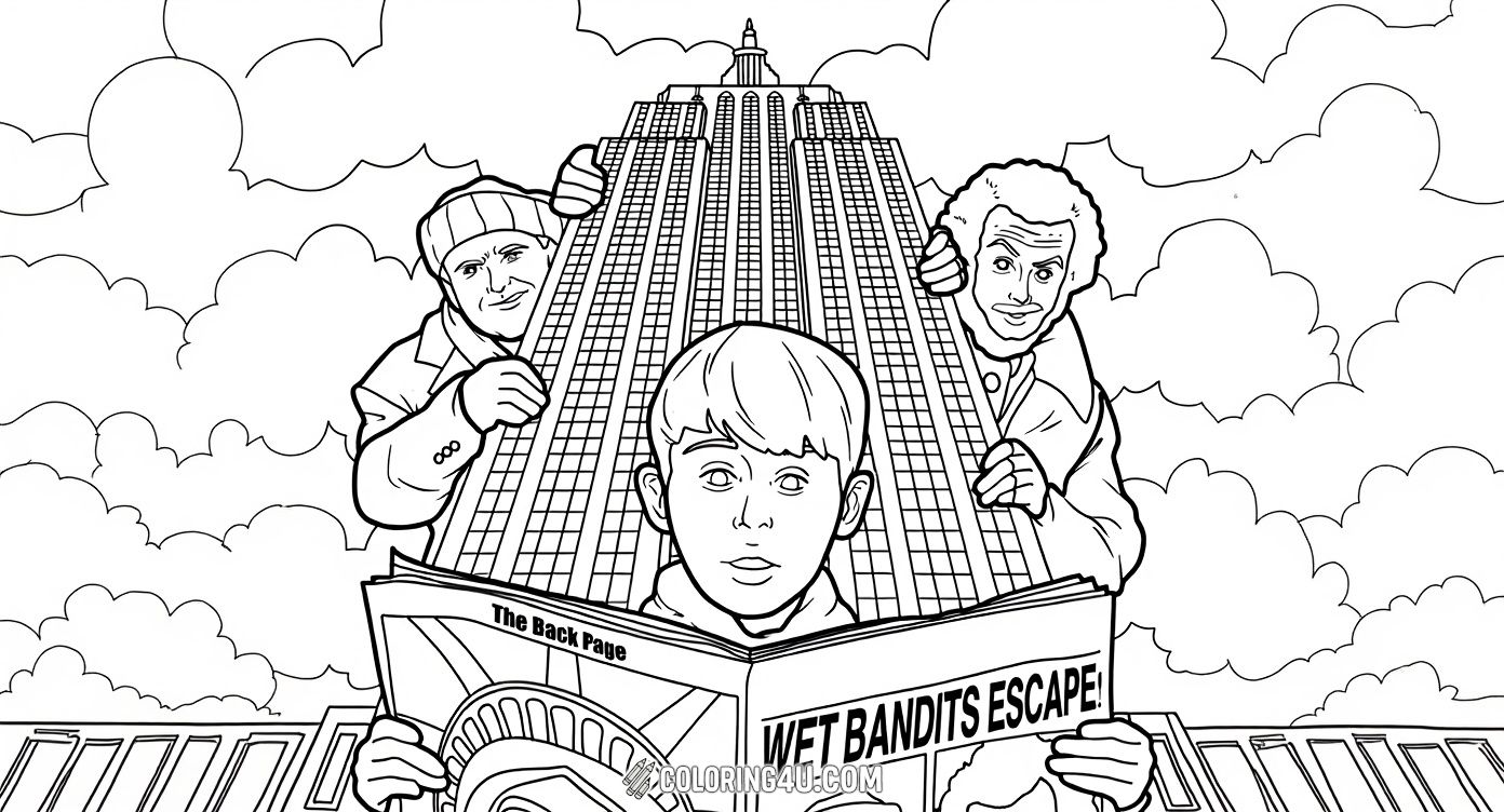 Get ready for an exciting coloring adventure with this Home Alone page featuring the mischievous Wet Bandits sneaking around the city! Color the detailed skyscraper and the famous characters as they try to evade capture in this fun and lively scene.