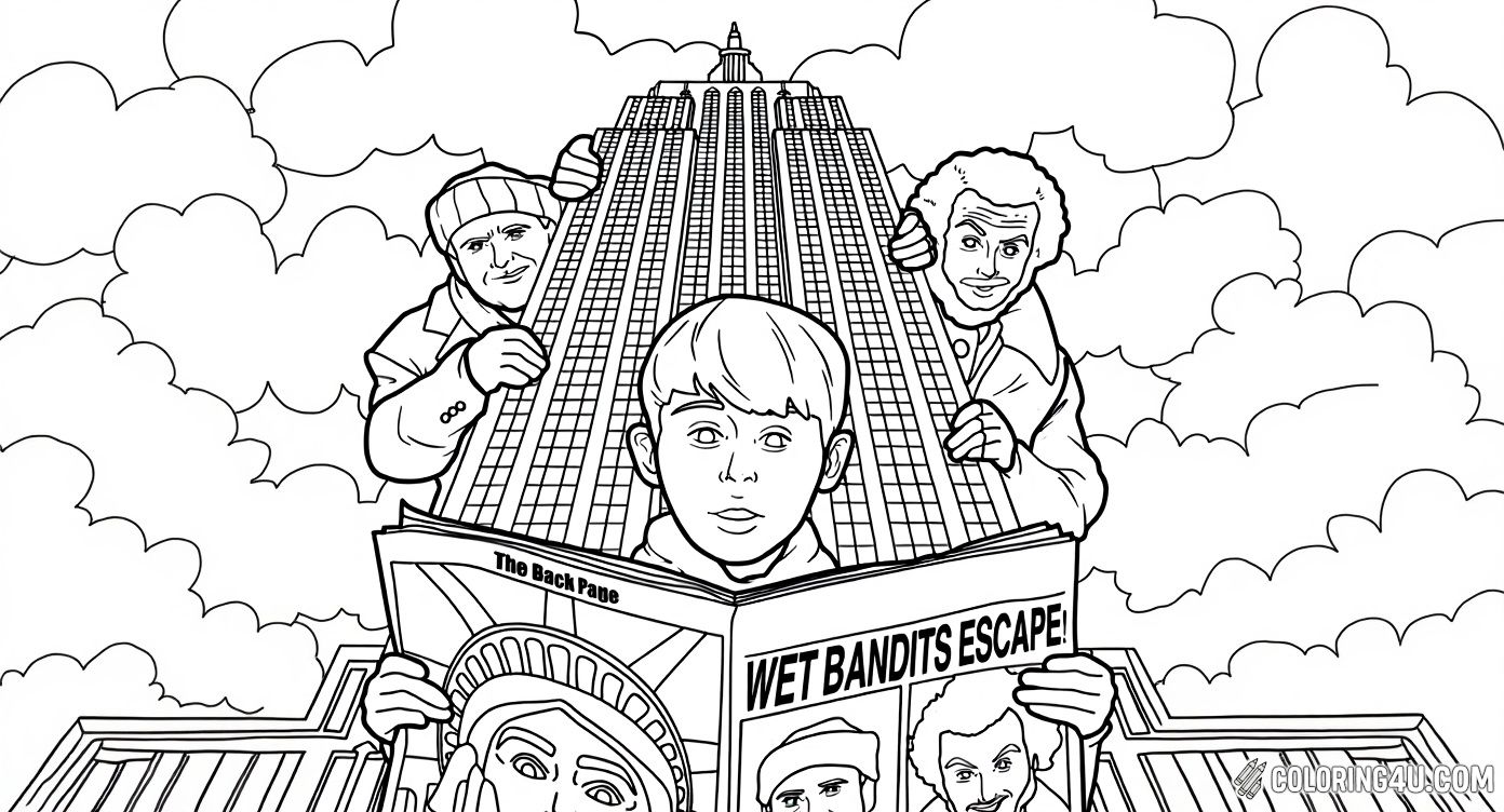 Join Kevin McCallister on an exciting adventure in this fun coloring page showing him reading a newspaper about the Wet Bandits' escape! Behind him, the two sneaky burglars, Harry and Marv, are hiding behind a tall city skyscraper. Kids can enjoy coloring this clever scene filled with excitement and suspense from the beloved Home Alone story.
