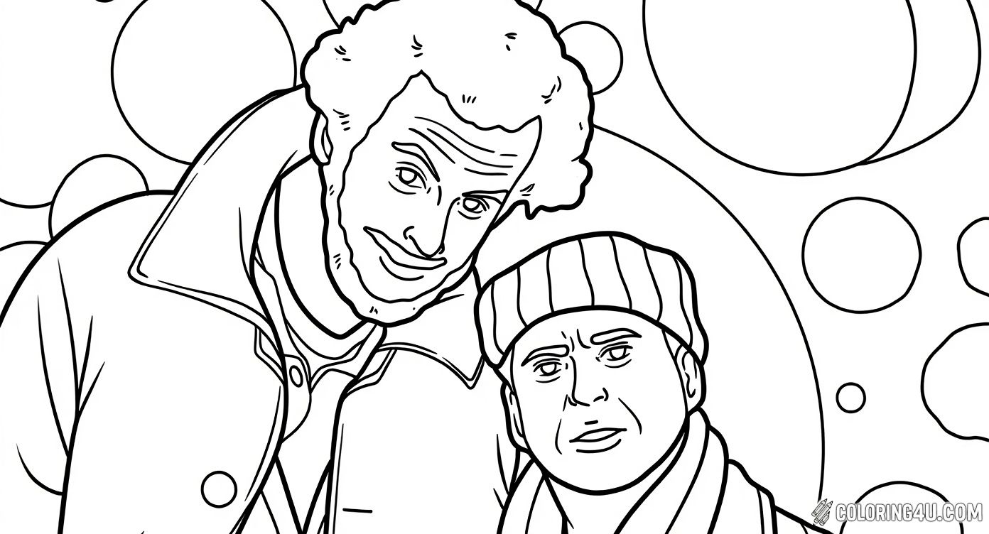 Get ready to color the famous Wet Bandits, Harry and Marv, two of the most memorable characters from the Home Alone movie! This coloring page shows their mischievous expressions and unique winter outfits, perfect for adding shades of winter magic. Kids can use their creativity to bring these playful burglars to life and imagine their goofy attempts to catch Kevin.