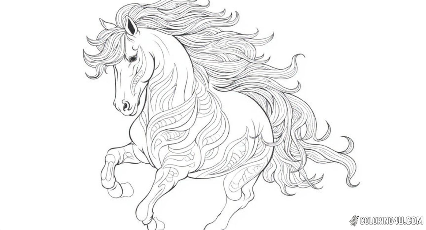 This intricate coloring page shows a majestic fantasy horse with a long, flowing mane decorated with beautiful swirling patterns. Kids who love detailed art will have a great time adding vibrant colors to this magical creature.