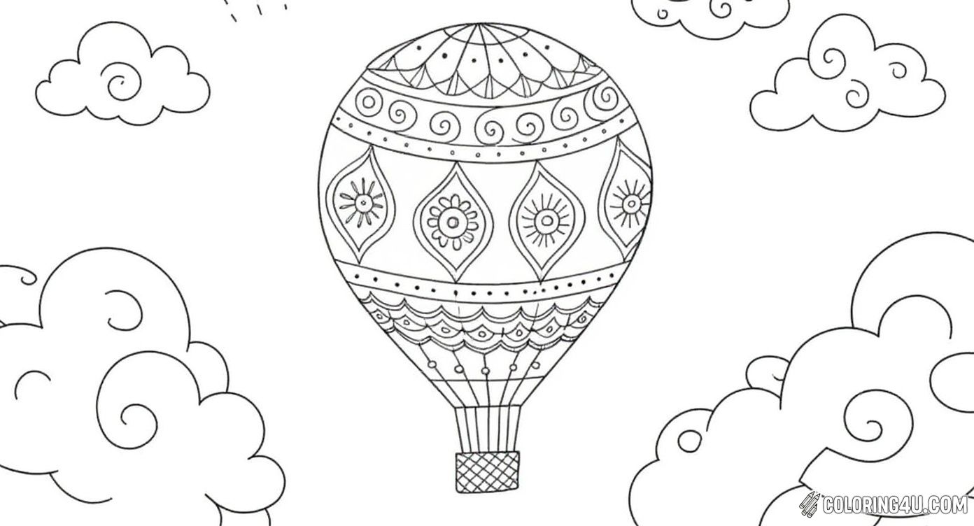 Here is a beautifully intricate hot air balloon adorned with lovely patterns and designs, soaring through a sky filled with soft, curling clouds. Children can enjoy adding a splash of color to this enchanting flying balloon, making it come alive with their creativity.