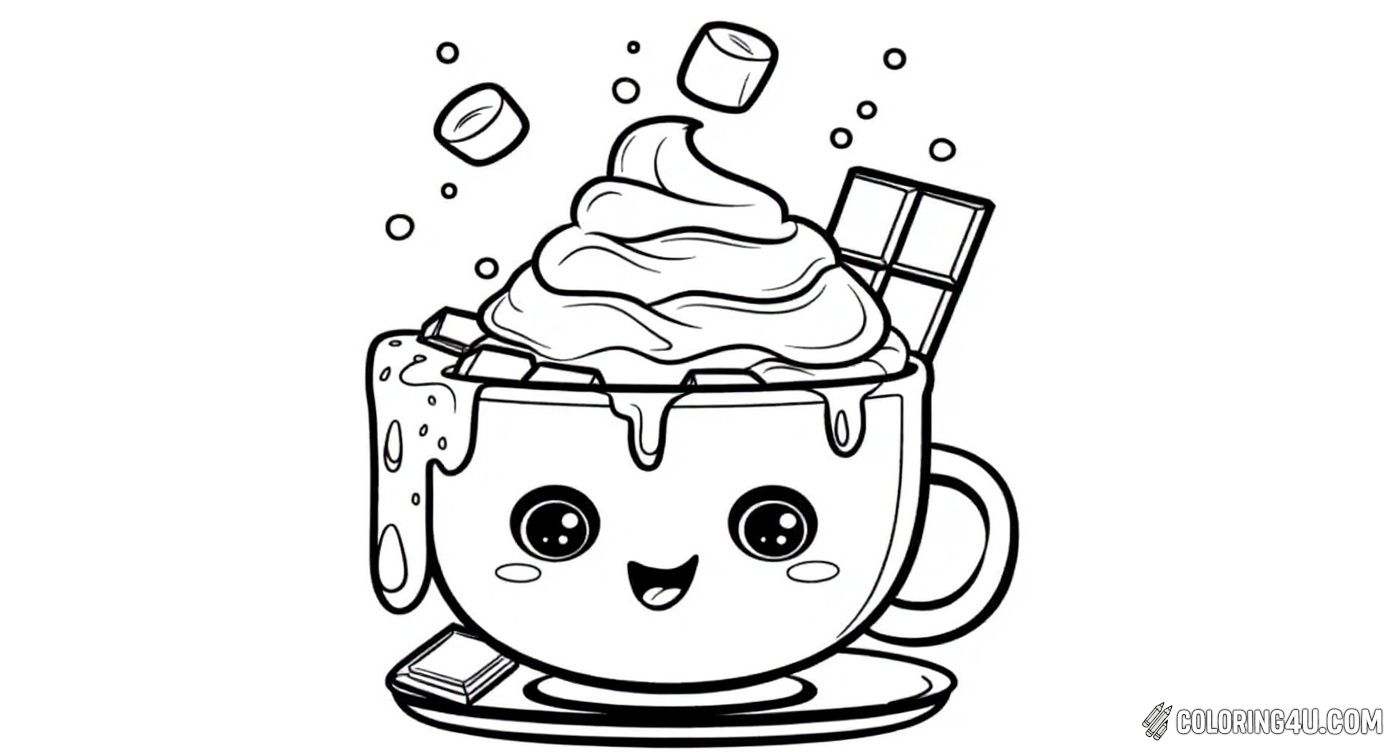 This adorable coloring page features a charming cup of hot cocoa topped with fluffy whipped cream and floating marshmallows. The cup has a happy, smiling face that will bring joy to kids as they color. The dripping chocolate and chocolate pieces add a delicious touch to this delightful scene.
