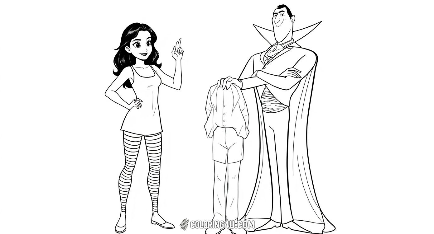 Color the stylish duo, Dracula and his daughter Mavis, striking confident poses in this cool Hotel Transylvania coloring page. Their classic outfits and fun expressions make this a great activity for kids who enjoy drawing and coloring beloved characters from the movie!