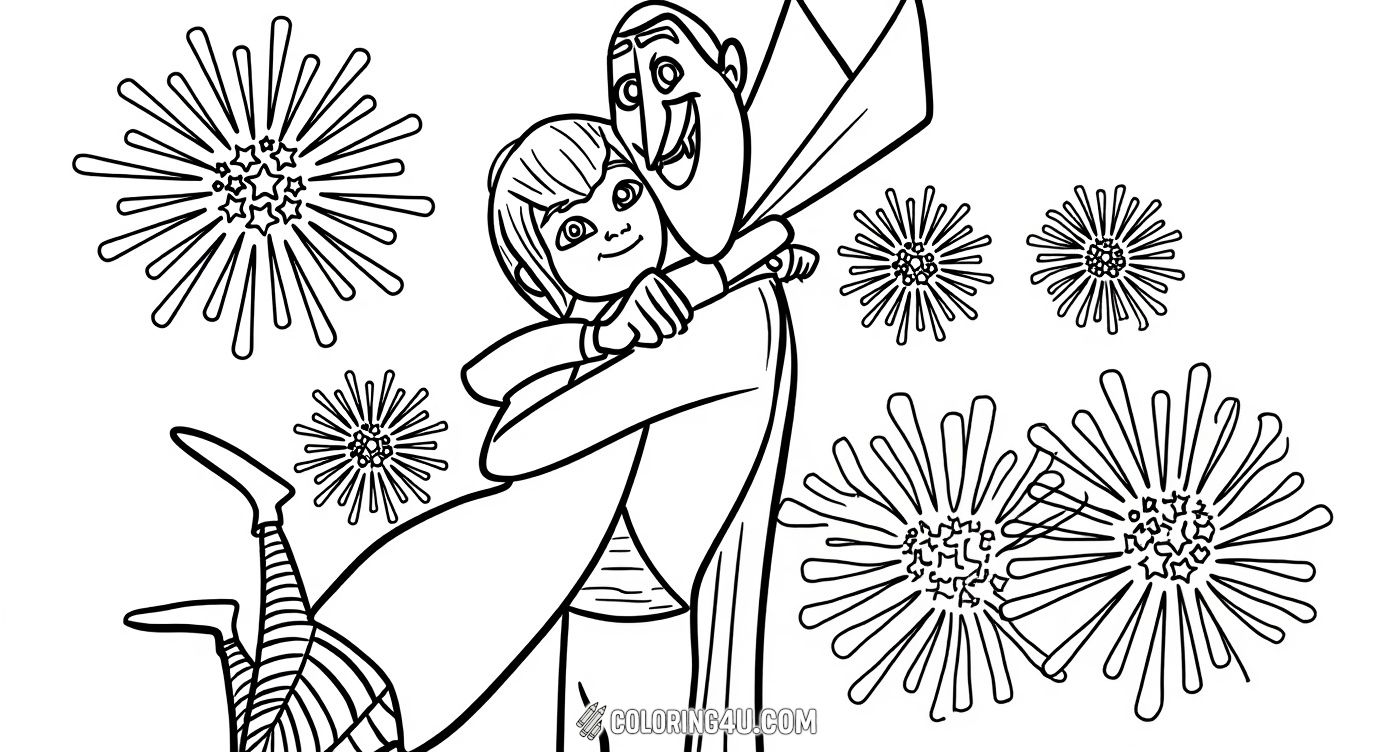 Join Dracula and his daughter Mavis from Hotel Transylvania in this heartwarming coloring page! They share a joyful hug surrounded by sparkling fireworks, ready for you to bring to life with vibrant colors. Perfect for kids who love fun and family moments!