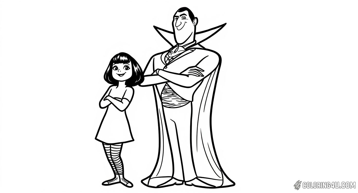 Here’s Dracula and Mavis standing proudly side by side from the Hotel Transylvania series. This coloring page invites kids to explore their creativity by adding color to this cool duo’s confident poses and unique outfits. A fun and engaging way to enjoy coloring characters from a beloved animated movie.