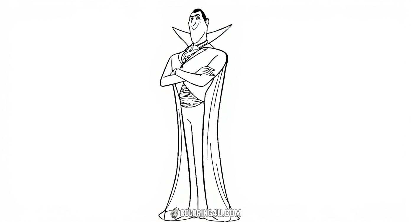 Meet Count Dracula from Hotel Transylvania in this fascinating coloring page! Standing tall and proud with his classic cape and confident smile, Dracula is ready for you to add bright colors and bring his character to life. Perfect for little artists who love spooky fun and animated movies.