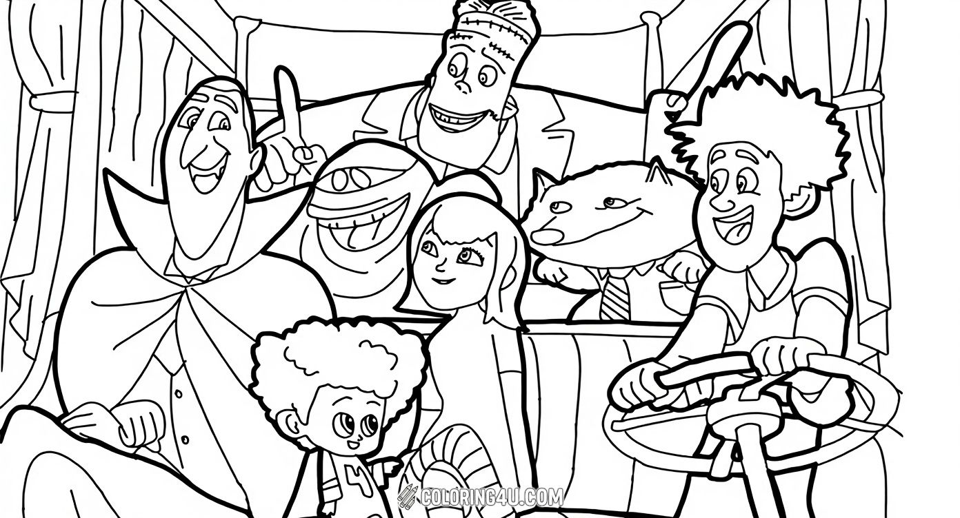 Join the fun with the lovable characters from Hotel Transylvania in this exciting coloring page! Kids can bring to life Dracula, Frankenstein, the Mummy, and other spooky friends as they share a joyful ride together. Perfect for fans of the movie, this scene invites you to add your own colorful touch to a friendly monster adventure.
