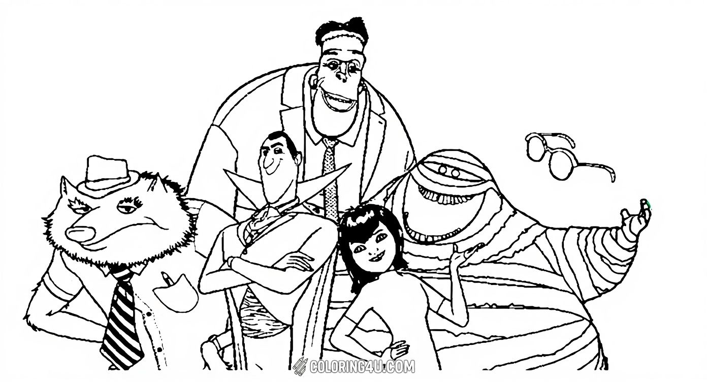 Step into the world of Hotel Transylvania and color this delightful group of monster friends! Featuring Dracula, Frankenstein, the Mummy, and the fierce but friendly werewolf, this coloring page captures their unique styles and personalities. Kids will love making these characters vibrant and ready for their next spooky adventure.