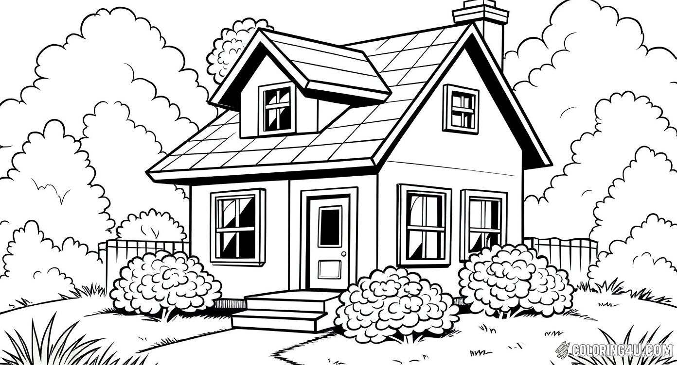 Color this beautiful cozy cottage nestled among lush bushes and trees. The lovely slanted roof and detailed windows make this house perfect for kids to add cheerful colors and create their own peaceful countryside retreat.