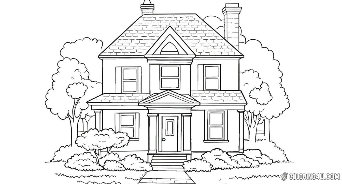 This coloring page features a charming classic two-story house with a welcoming front porch, surrounded by trees and bushes. Kids can enjoy bringing this detailed home to life with bright colors while imagining the stories of the family who lives here.