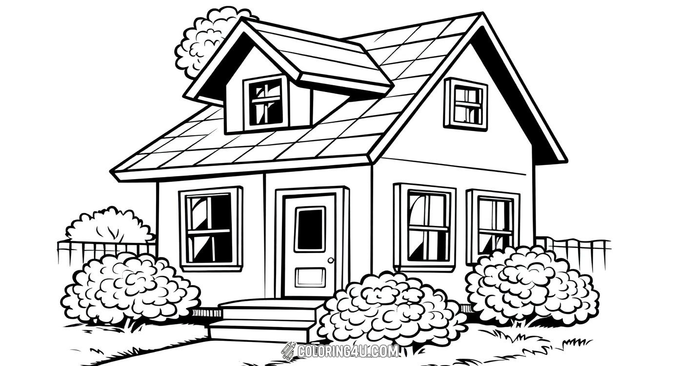 This charming coloring page shows a cozy cottage surrounded by bushes and a garden. Kids will love bringing this peaceful home to life with bright colors and adding their own touch to the surrounding nature.