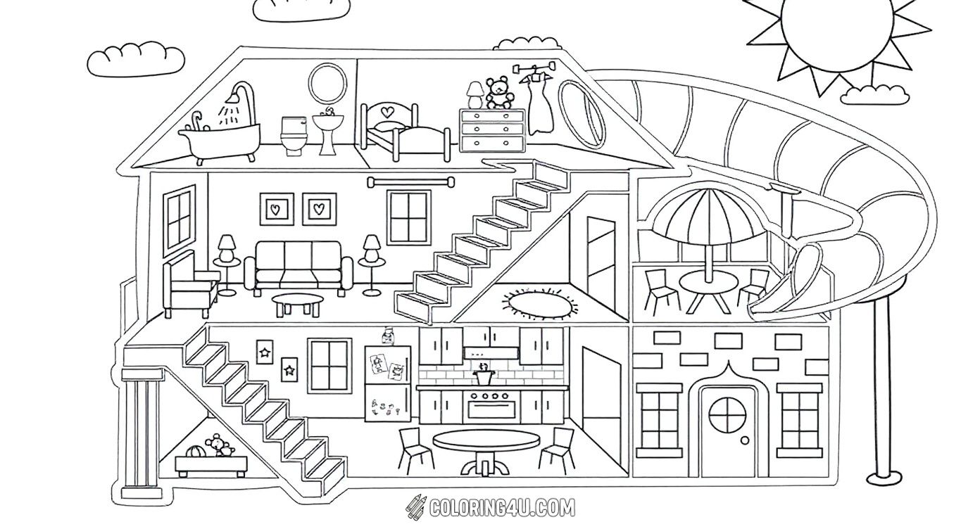 This fun and detailed coloring page shows a cutaway view of a house with multiple rooms like a kitchen, living room, bedroom, and bathroom. There's also a fun slide attached to the house, perfect for kids to imagine living in and adding their favorite colors!