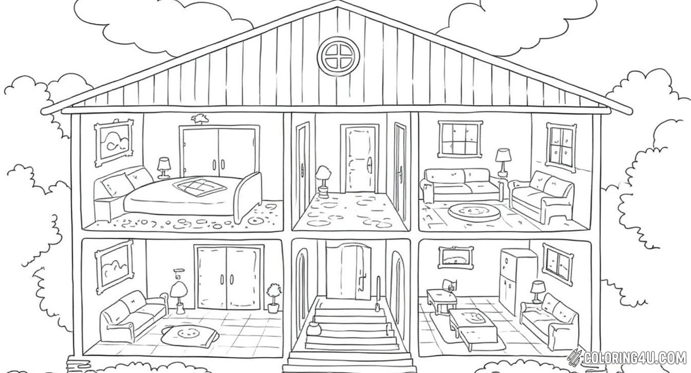 Explore the inside and outside of a cozy house with this detailed coloring page! Kids can have fun coloring various rooms including a bedroom, living room, kitchen, bathroom, and hallway, each filled with furniture and decorations, making it perfect for imaginative and creative play.