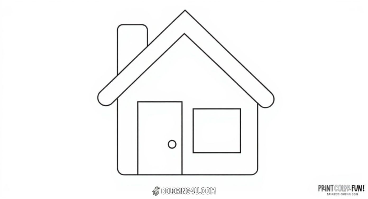 A very simple house coloring page with a basic outline featuring a chimney, door, and window. This easy-to-color design is perfect for younger children just starting to explore coloring and learning shapes.