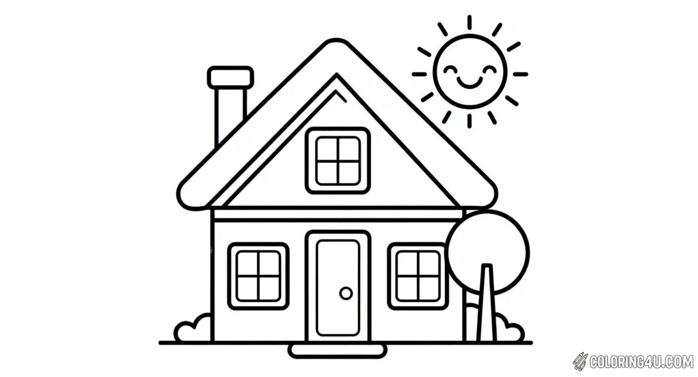Invite kids to color this simple and cute house with a smiling happy sun shining above. Featuring easy shapes and a nearby tree, this coloring page is a perfect choice for young children to practice creativity and brighten up the scene with joyful colors.