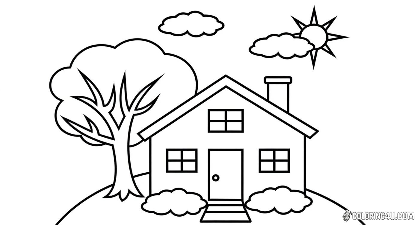 This charming coloring page features a simple house with a chimney surrounded by bushes and a big tree. Above the house, the sun shines brightly with fluffy clouds floating in the sky, inviting kids to add their favorite colors to bring this happy scene to life.