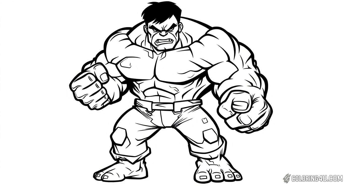 Get ready to bring color to this fierce and angry Hulk standing in a strong fighting pose. This fun and dynamic coloring page highlights Hulk's muscular physique and intense gaze, inviting kids to let their creativity run wild as they add bold colors to this superhero's unstoppable energy.