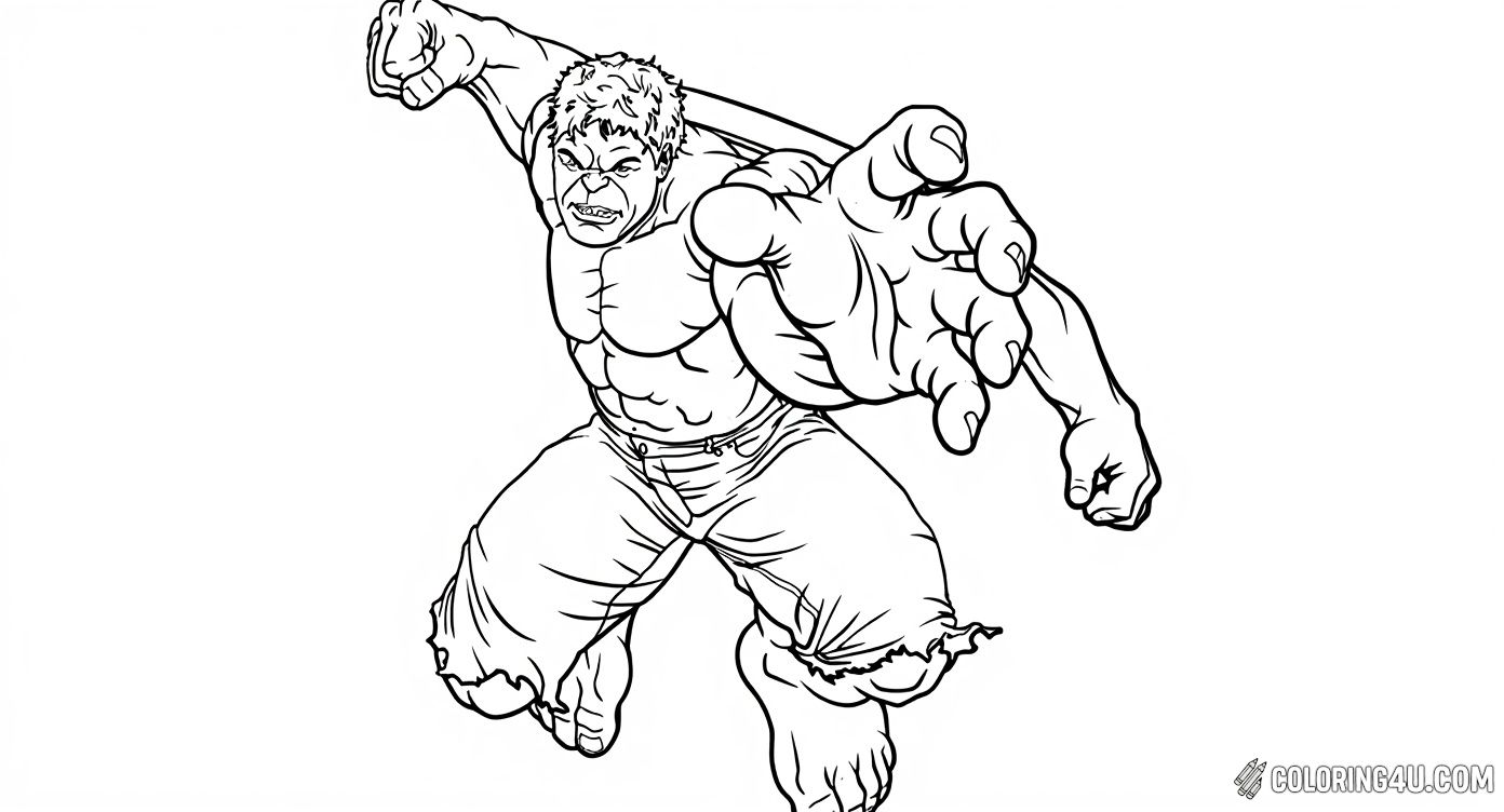 Jump into action with this thrilling Avengers-themed coloring page of Hulk leaping forward with his fist outstretched. Kids will enjoy coloring the energetic pose of this beloved Marvel superhero, set against a backdrop featuring the iconic Avengers logo, making it perfect for fans of heroic adventures.