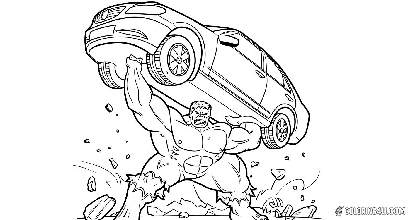 This exciting coloring page features the mighty Hulk lifting a large car above his head with incredible strength. Kids will love coloring this powerful scene filled with action, showcasing Hulk's muscular form and determined expression as he stands among flying debris, ready to save the day.