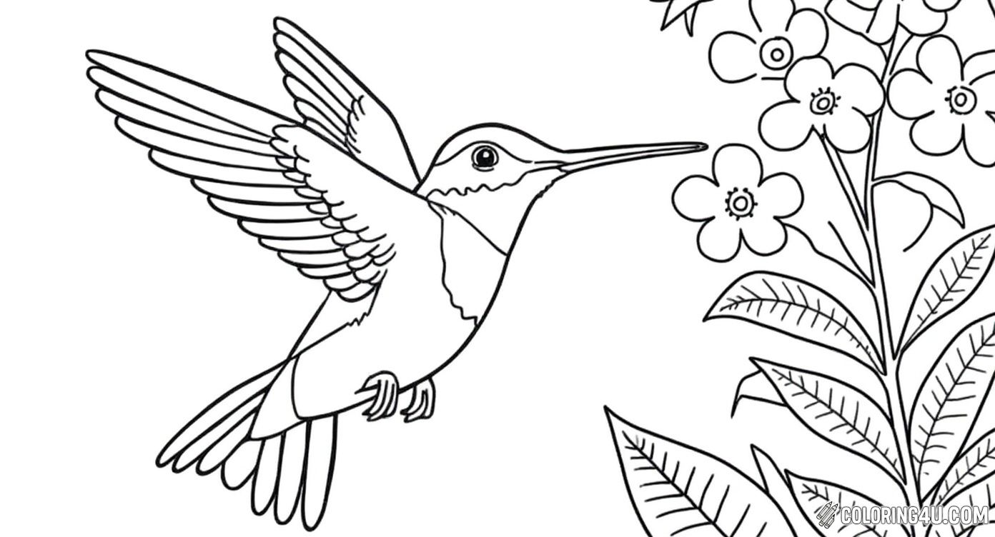 This fun and cheerful coloring page shows a charming hummingbird surrounded by a patch of blooming flowers and leaves, inviting kids to enjoy coloring a delightful garden scene filled with nature's tiny wonders and bright colors.