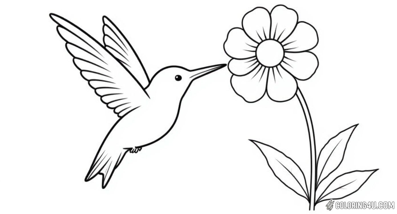 Engage in a peaceful coloring activity with this simple yet captivating image of a hummingbird sipping nectar from a large flower, set against a clear sky and framed with additional flowers and bushes – a perfect choice for young artists to explore colors and nature together.