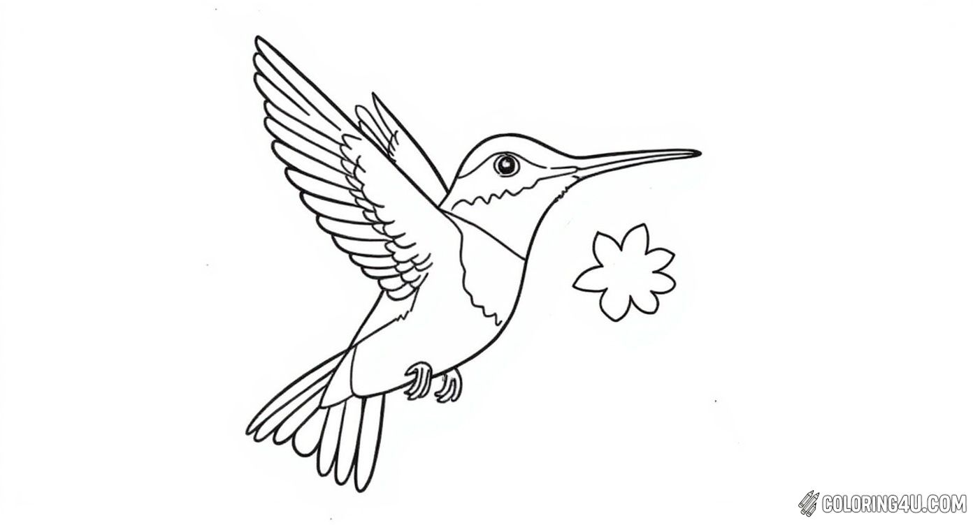 Here is an inviting coloring page showing a simple yet charming hummingbird surrounded by big leaves and bell-shaped flowers. Young artists can have fun choosing their favorite colors to brighten up this joyful garden moment with the busy hummingbird.