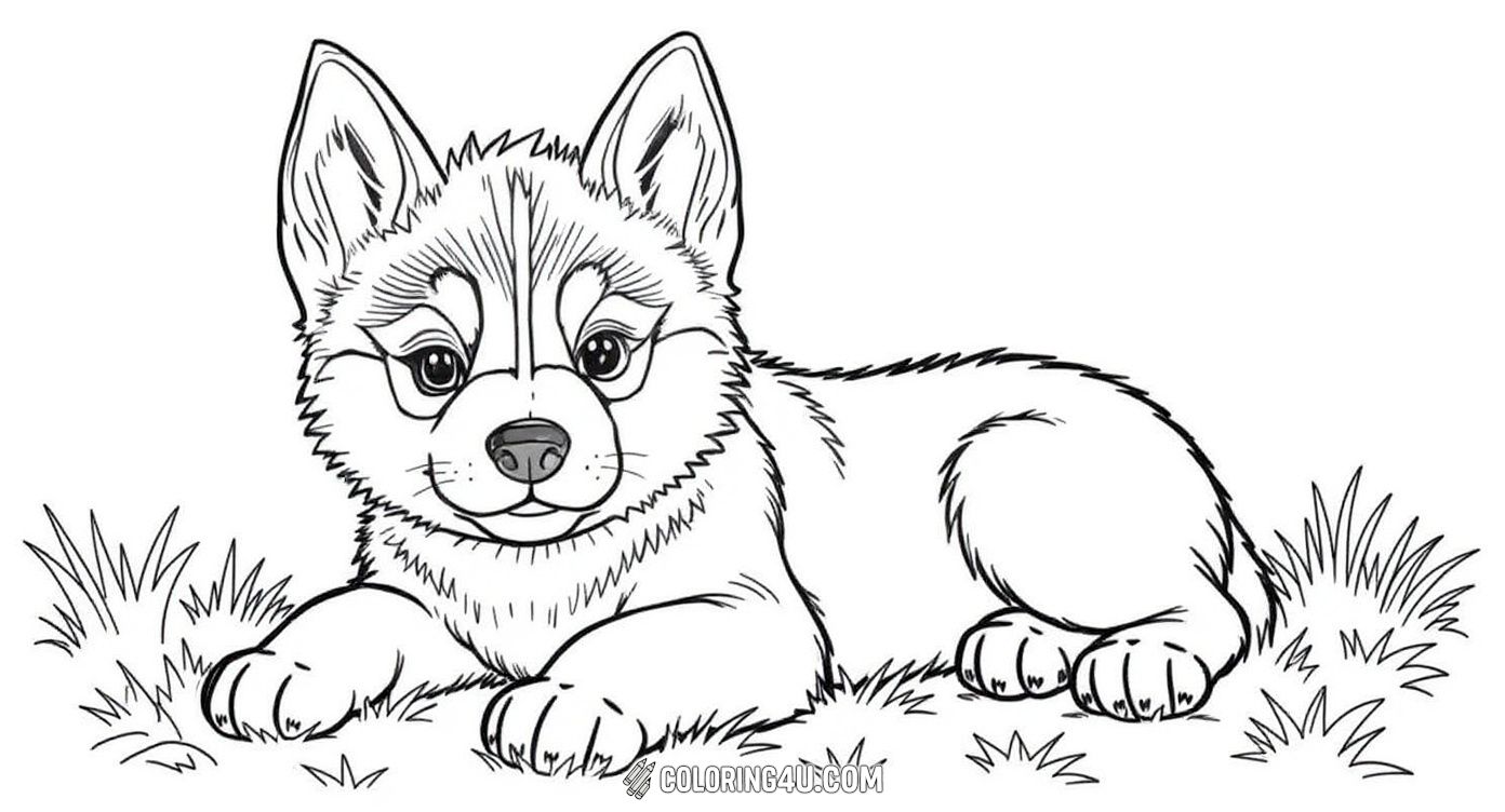 Here is a heartwarming coloring page of a cute husky puppy lying comfortably on the grass, looking up with bright, friendly eyes. Kids will love coloring this sweet and cuddly puppy, enhancing its fluffy fur and the soft grass around it.