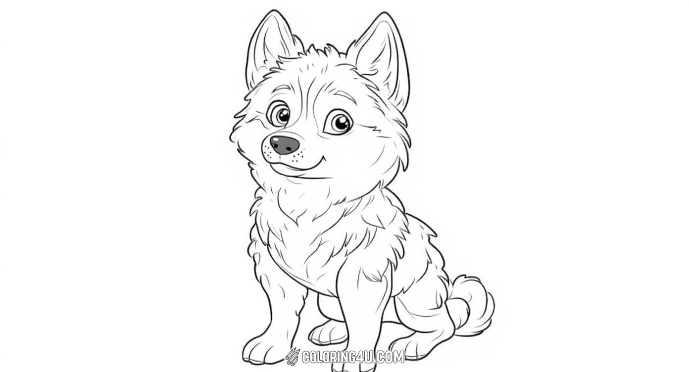 This adorable coloring sheet shows a cute husky puppy sitting with a charming smile. Young artists will have fun adding colors to this playful and fluffy puppy, making it a delightful activity full of creativity and joy.