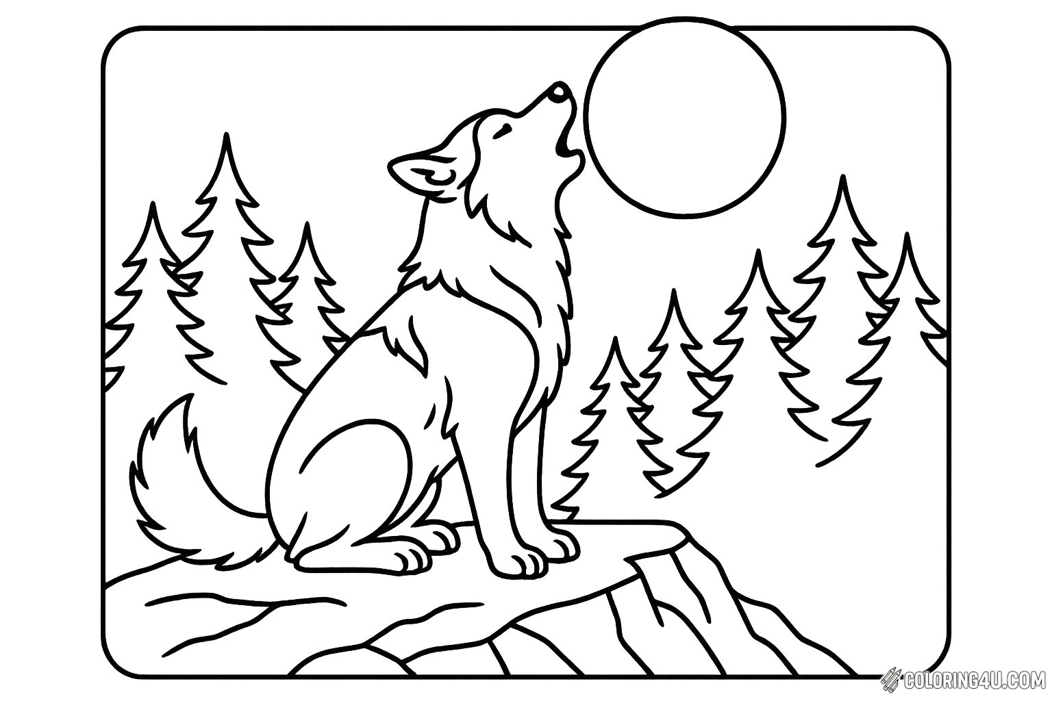 A majestic husky sits atop a rocky ledge, howling at a bright full moon. Surrounded by tall pine trees, the scene captures the beauty of nature at night. Kids can bring this enchanting moment to life with vibrant colors, imagining the husky's spirit and the magic of the wilderness. Perfect for a fun and creative coloring adventure!