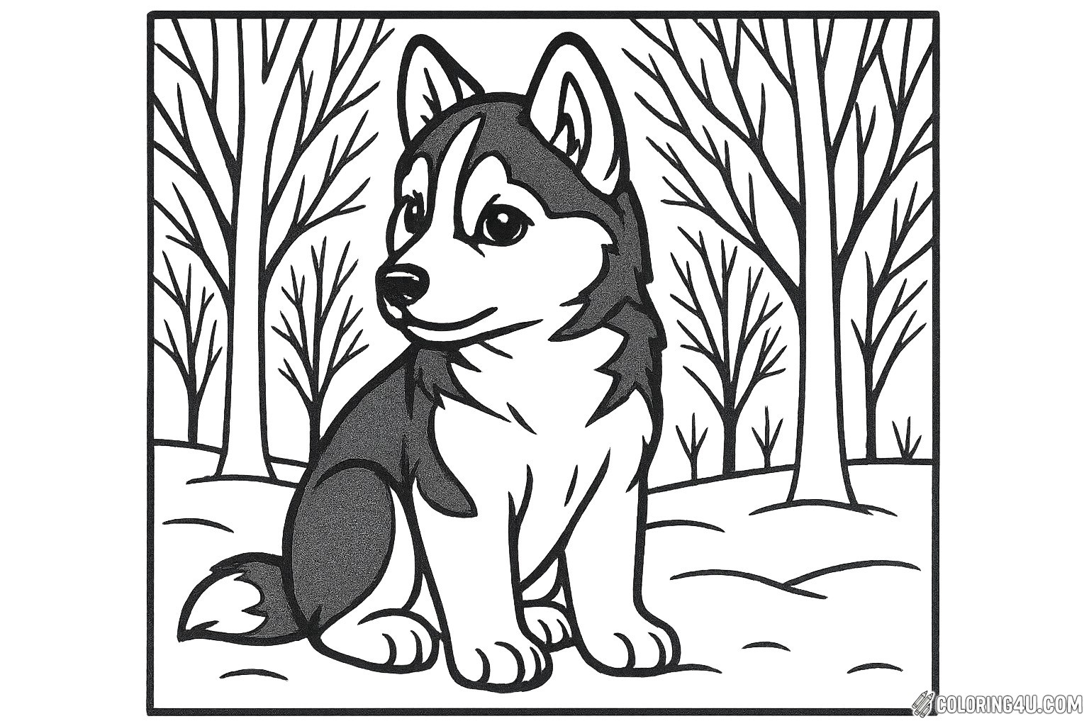 A charming husky puppy sits adorably in a winter park, surrounded by bare trees and a snowy landscape. With its fluffy fur and bright, expressive eyes, this playful pup is ready for adventure. Kids can bring this delightful scene to life with vibrant colors, imagining the fun of a snowy day filled with puppy play. Perfect for animal lovers!